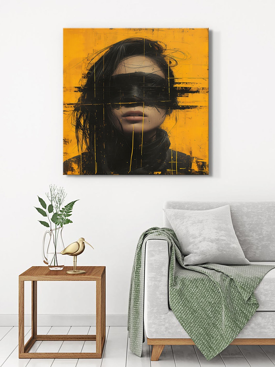 

999Store Yellow & Black Canvas Abstract Wall Painting