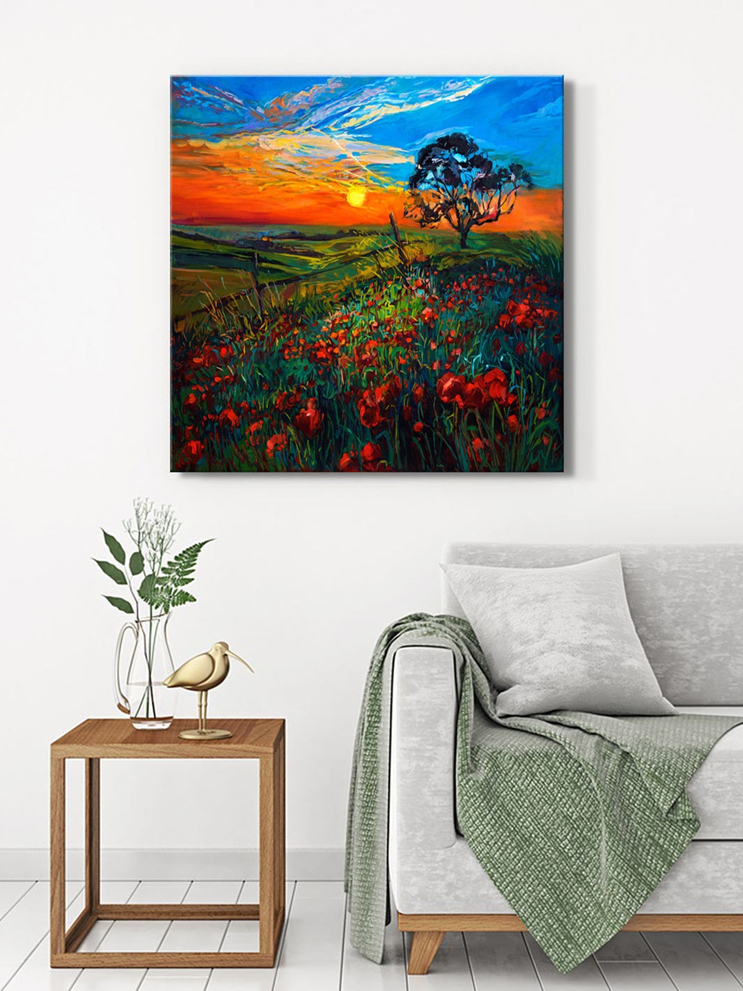 

999Store Green & Orange Coloured Sunset Field Canvas Wall Art