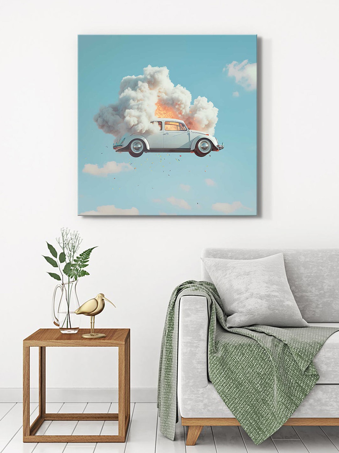 

999Store Blue & White Car Printed Canvas Wall Painting