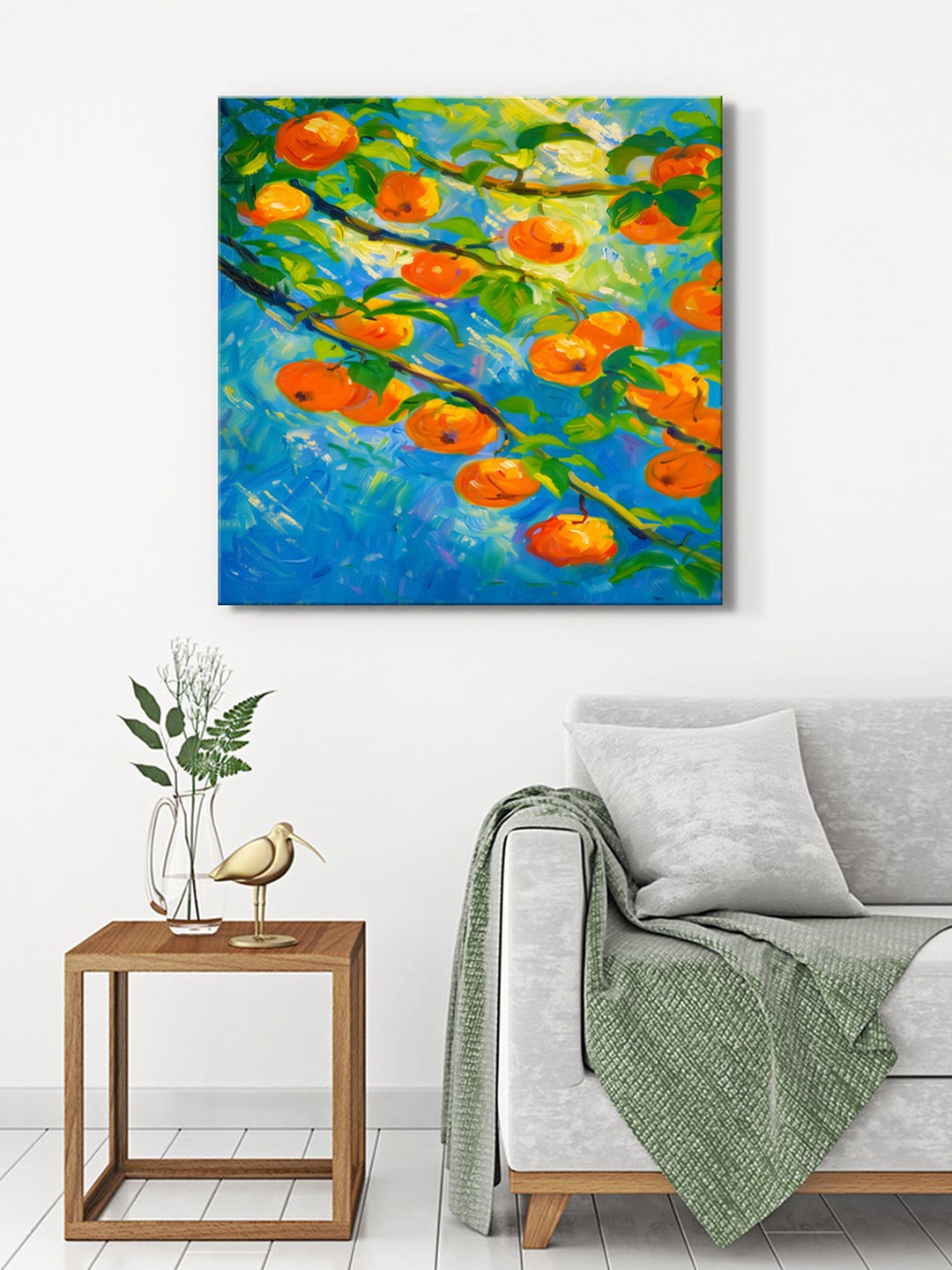 

999Store Blue & Orange Canvas Floral and Botanical Wall Painting