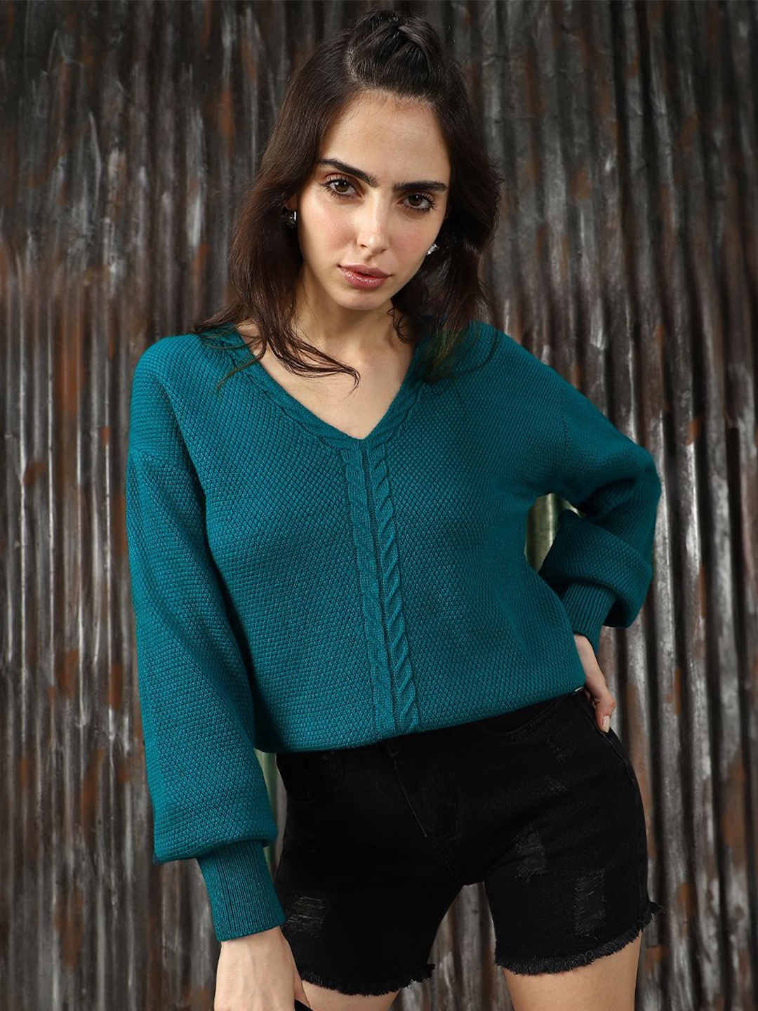 

High Star Women Cabel Knit Self Design Pullover Sweaters, Green