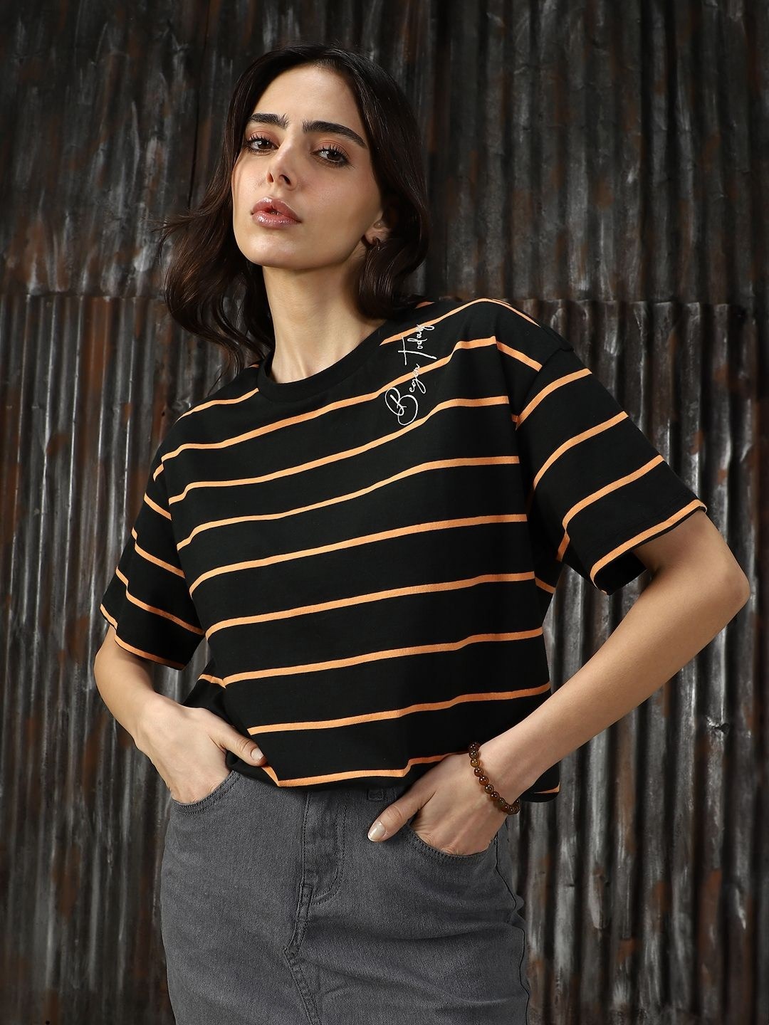 

High Star Women Striped Round Neck Cotton Boxy Fit T-Shirt, Black