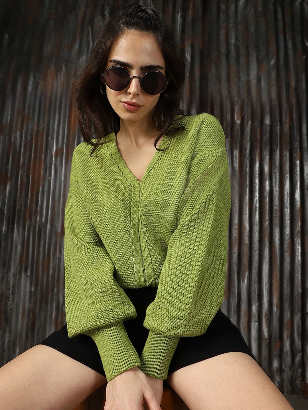 

High Star Women Cabel Knit Balloon Sleeve Pullover, Green