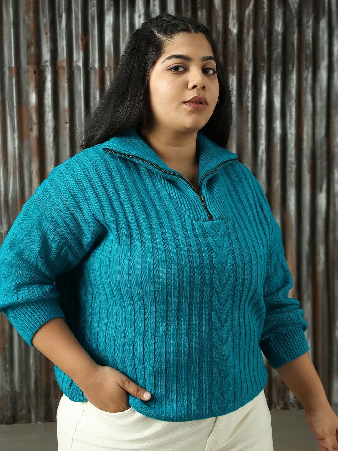 

Freeform By High Star Women Plus Size Cable Knit High Neck Pullover, Blue