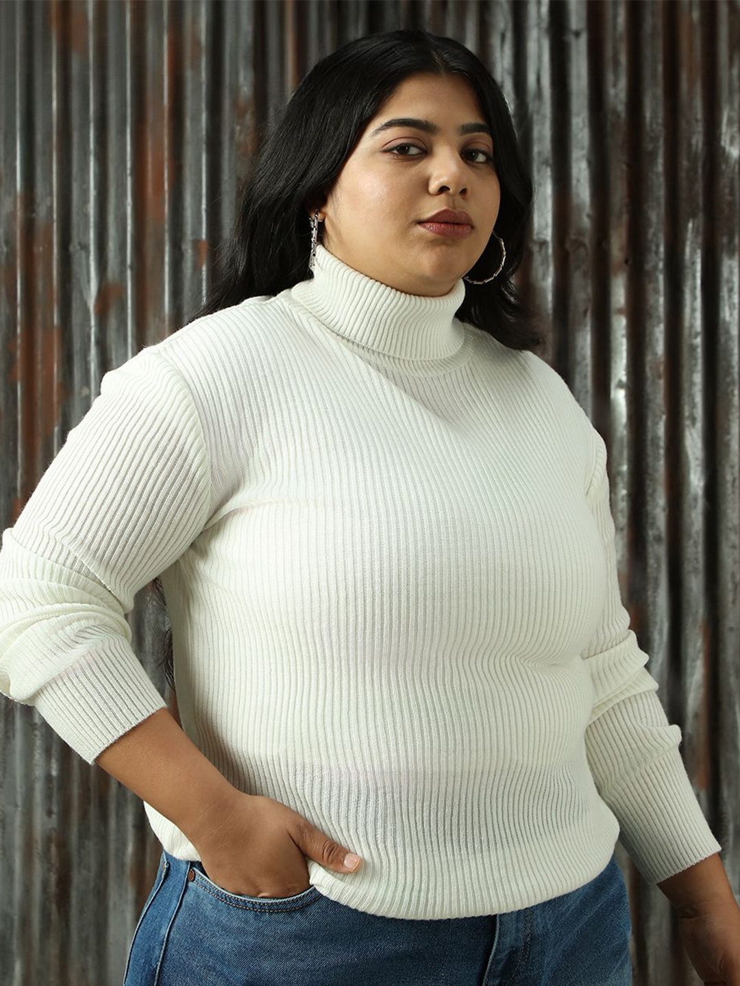 

Freeform By High Star Women Ribbed Plus Size Regular Pullover, White