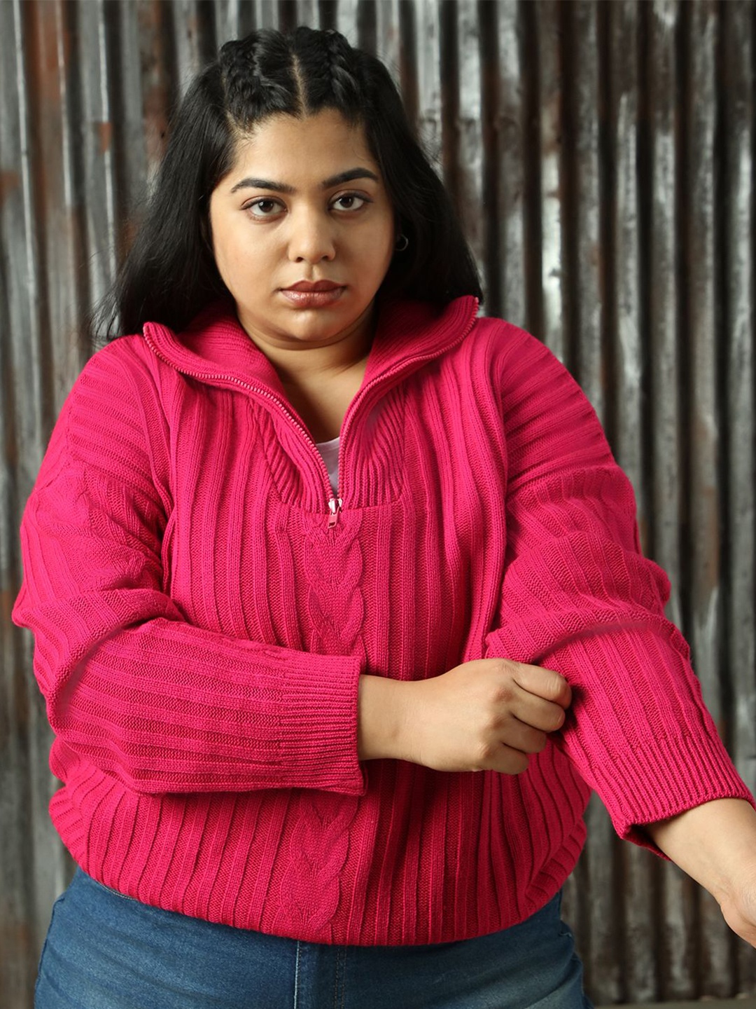 

Freeform By High Star Women Plus Size Cable Knit High Neck Pullover, Pink