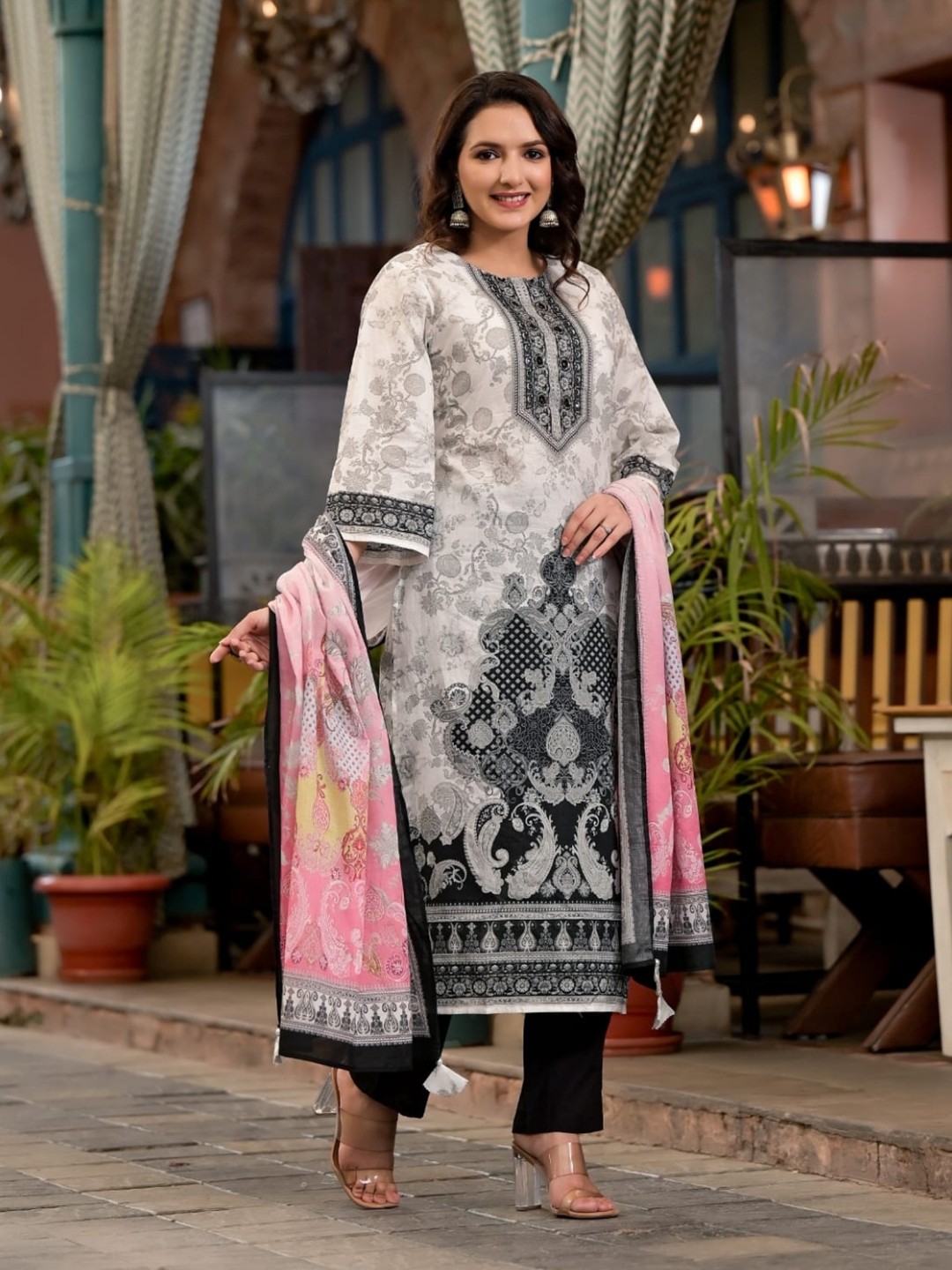 

Atha Fashion Ethnic Motifs Printed Pure Cotton Straight Kurta with Trousers & With Dupatta, White