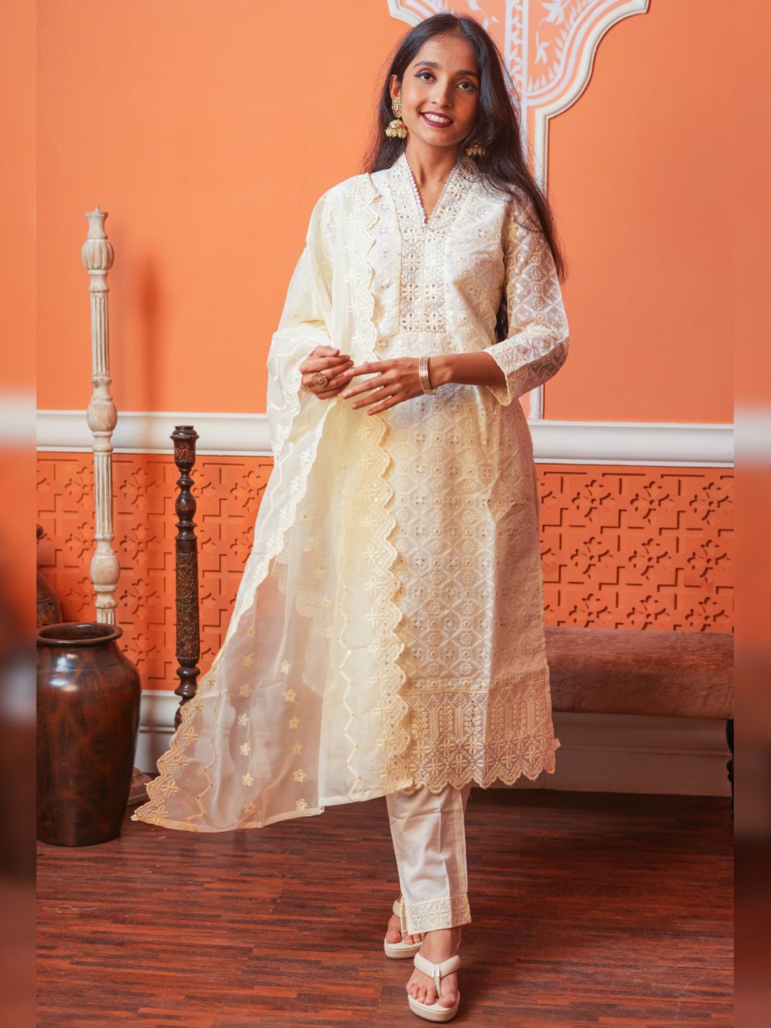 

Atha Fashion Ethnic Motifs Embroidered Pure Cotton Straight Kurta With Trouser & Dupatta, Off white