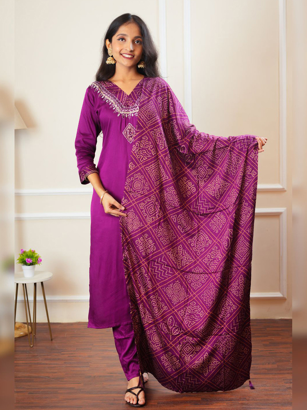 

Atha Fashion Bandhani Yoke Design Beads and Stones Pure Silk Kurta With Trouser & Dupatta, Purple