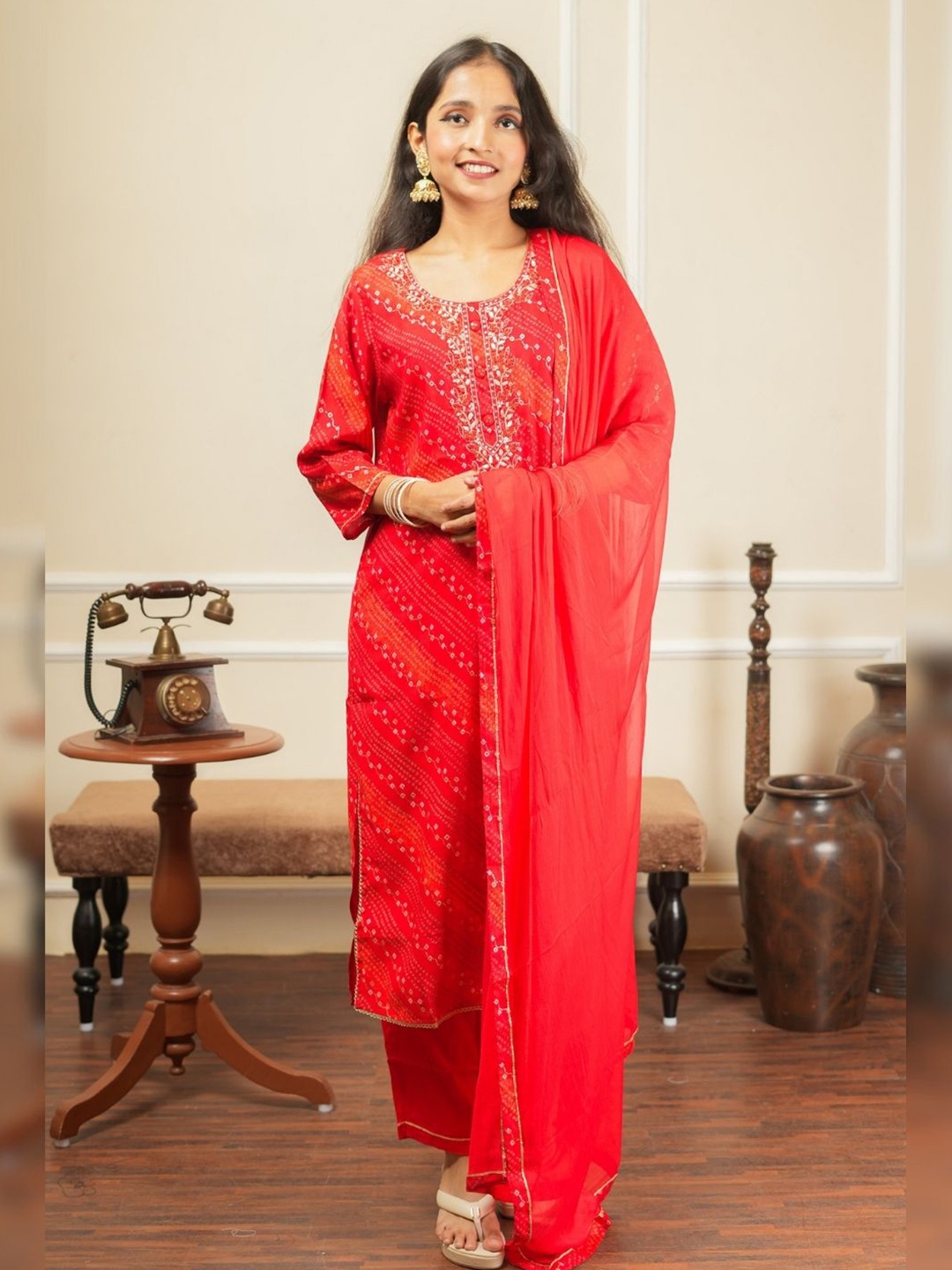 

Atha Fashion Leheriya Printed Zardozi Pure Cotton Straight Kurta With Trousers & Dupatta, Red