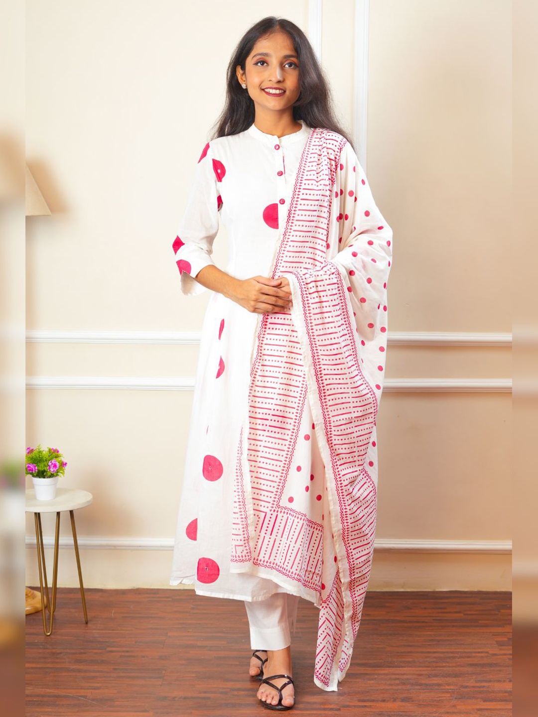 

Atha Fashion Geometric Printed Pure Cotton Anarkali Kurta With Trousers & Dupatta, White