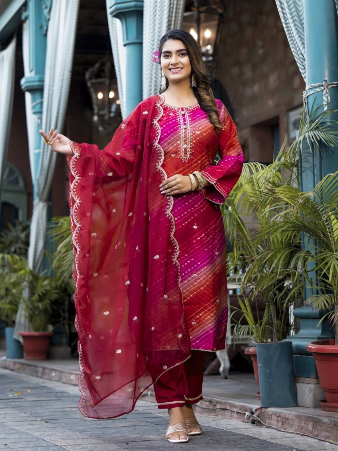 

Atha Fashion Leheriya Printed Pure Cotton Straight Kurta With Trousers & Dupatta, Red