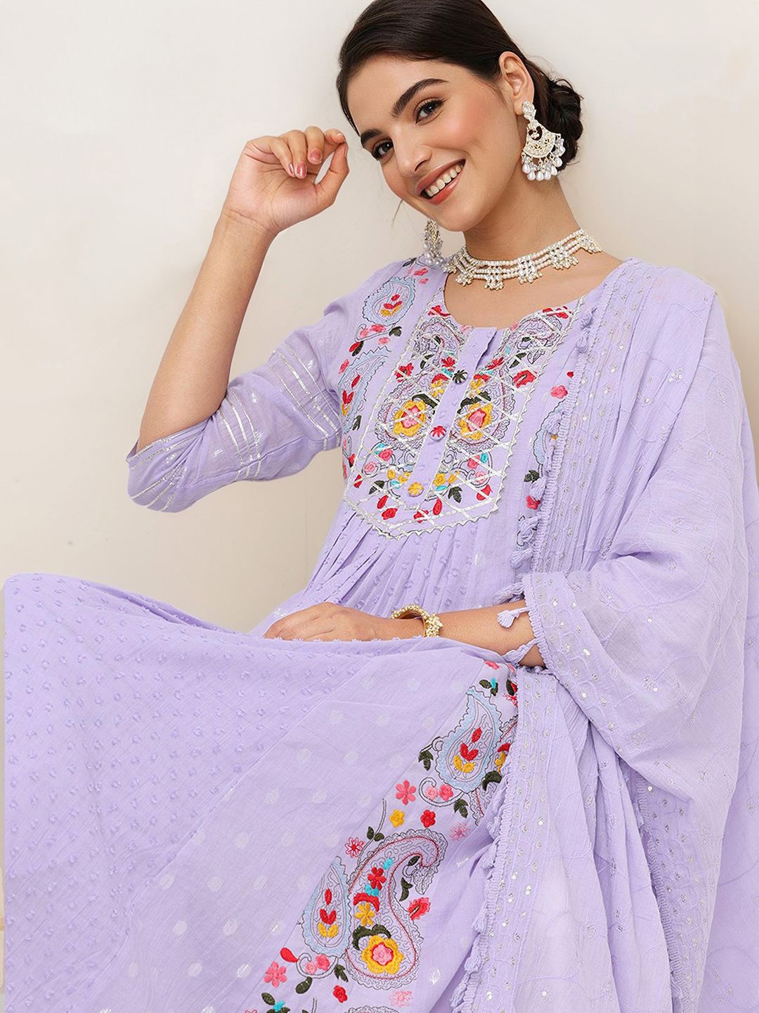 

Ishin Ethnic Motifs Embroidered Thread Work Pure Cotton Kurta with Trousers & Dupatta, Purple