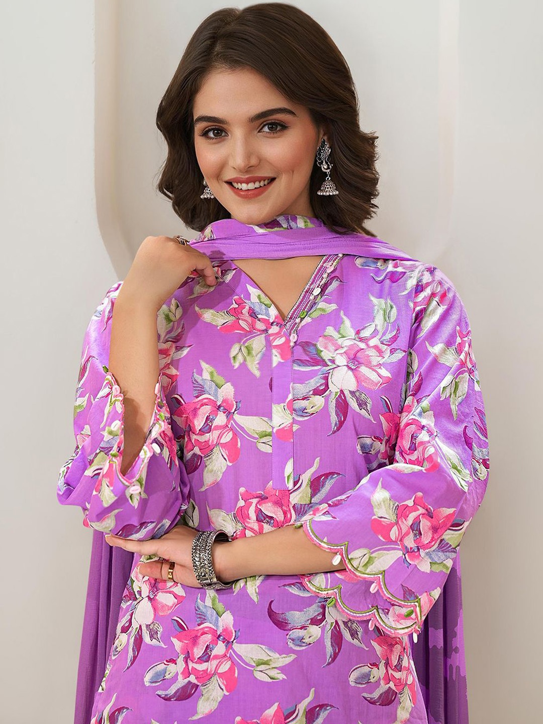 

Ishin Floral Printed Pure Cotton Kurta with Trousers & Dupatta, Purple