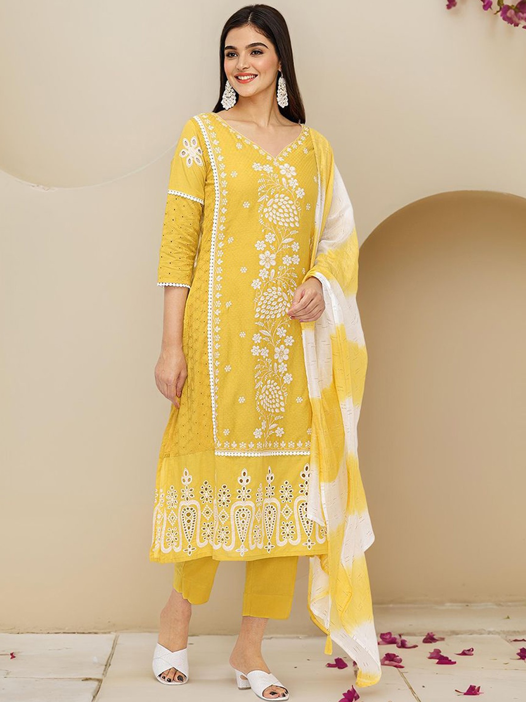 

Ishin Floral Embroidered Thread Work Pure Cotton Kurta with Trousers & Dupatta, Mustard
