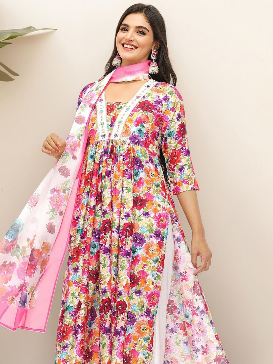 Ishin Floral Printed Thread Work Kurta with Trousers & Dupatta, White