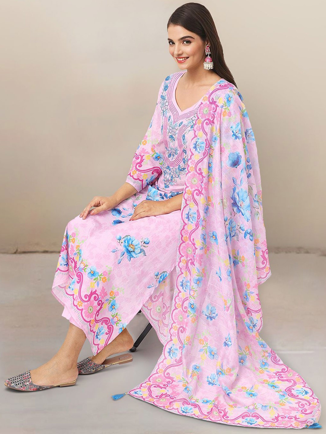 

Ishin Floral Printed Pure Cotton Kurta with Trousers & Dupatta, Pink