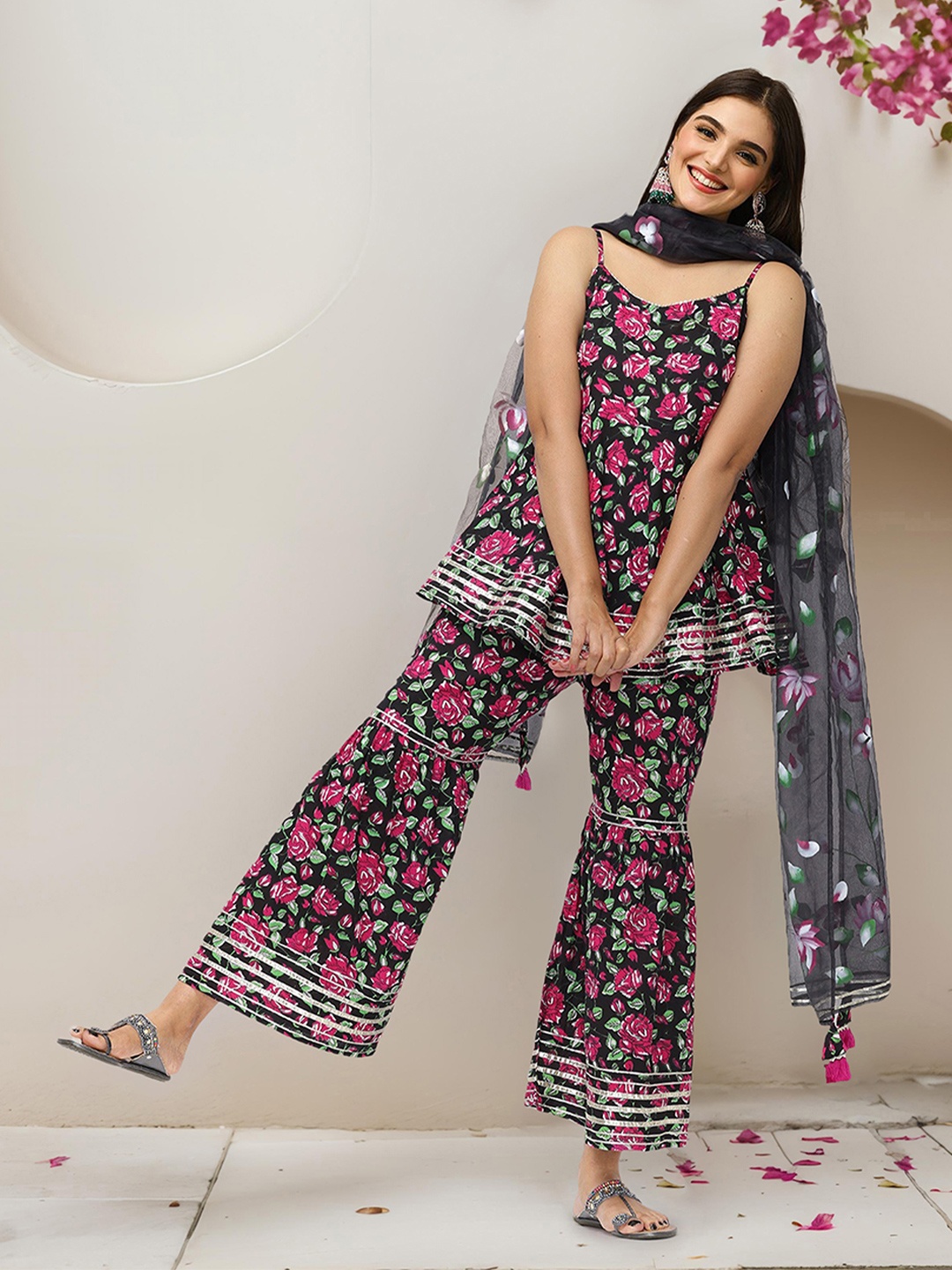 

Ishin Floral Printed Gotta Patti Pure Cotton Kurti with Sharara & Dupatta, Black