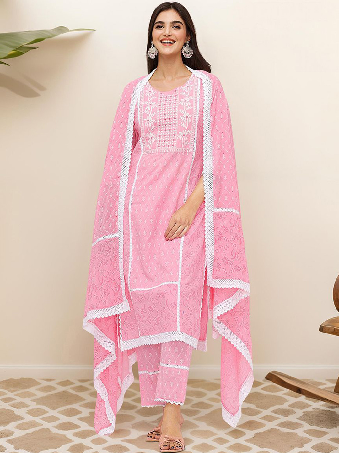 

Ishin Floral Printed Mirror Work Pure Cotton Straight Kurta With Trousers & Dupatta, Pink