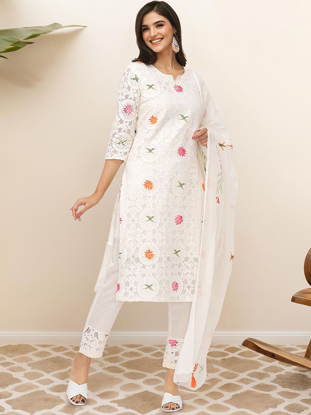 

Ishin Floral Printed Pure Cotton Straight Kurta With Trousers & Dupatta, Off white