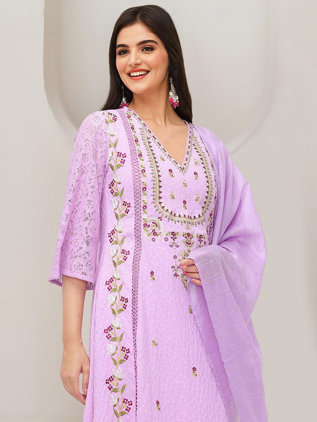 Ishin Floral Embroidered Thread Work Kurta with Trousers & Dupatta, Purple