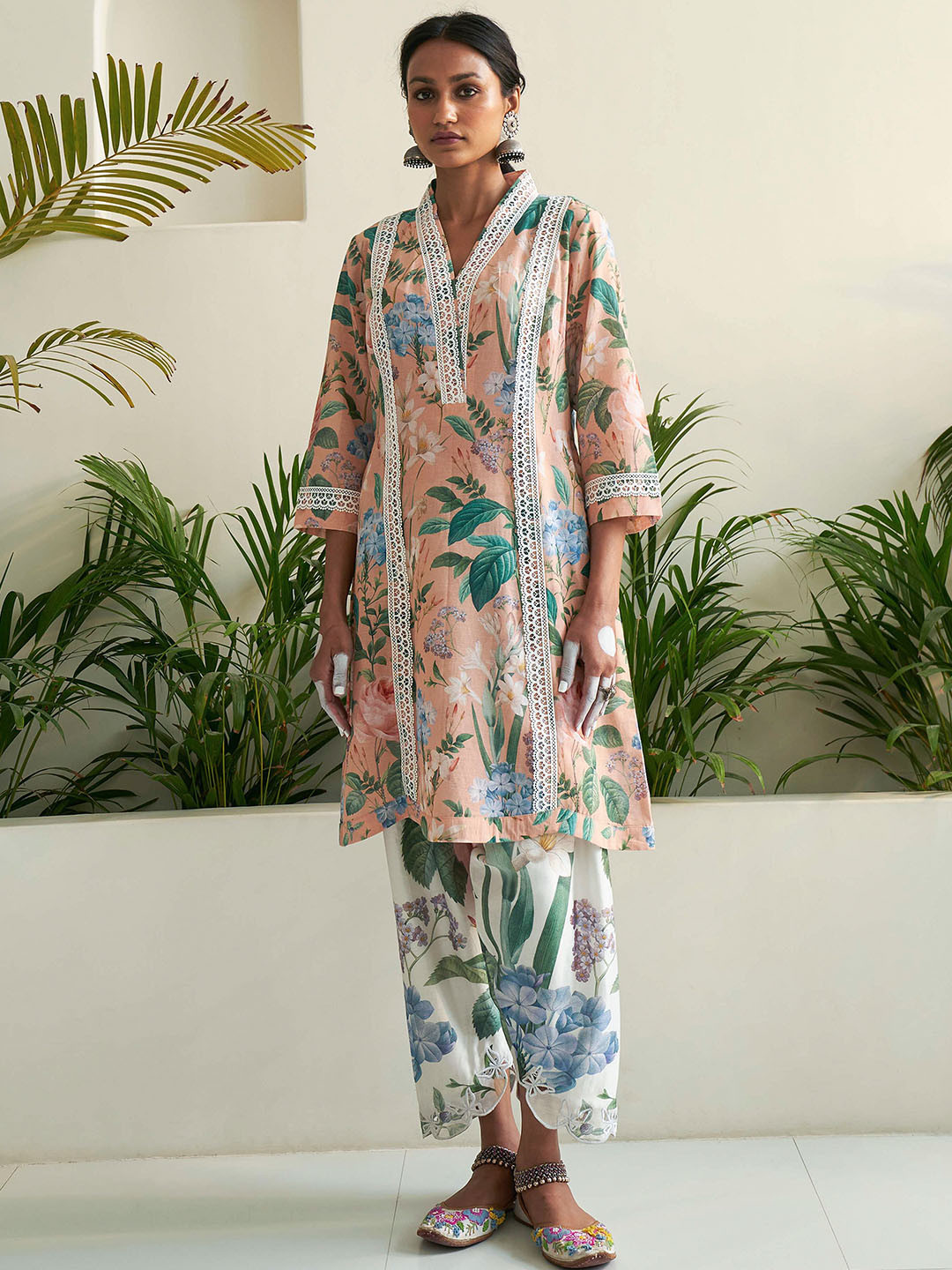 

Sage Saga Floral Printed Straight Cotton Kurta with Salwar & Dupatta, Peach