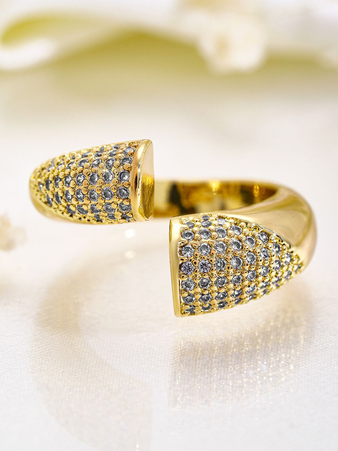 

Rubans 18KT Gold Plated Sparkling Crystal & Cubic Zicronia Studded Adjustable Finger Ring