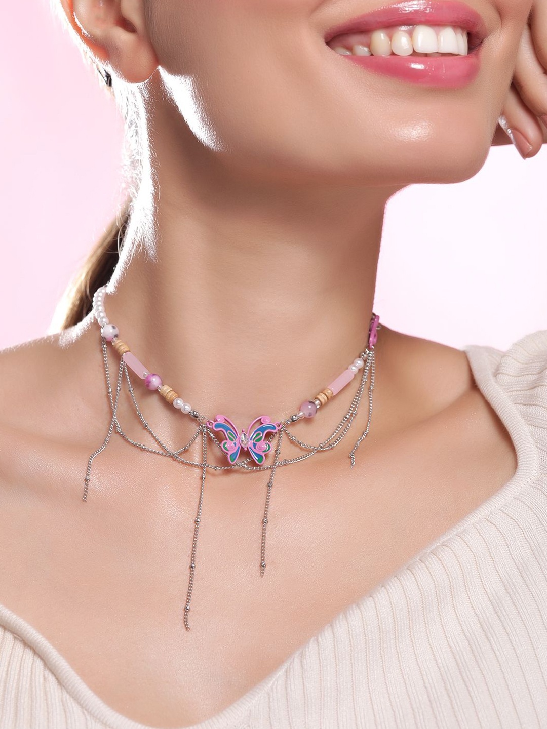 

Rubans Rhodium-Plated Butterfly Pendant Layered Choker Necklace, Silver