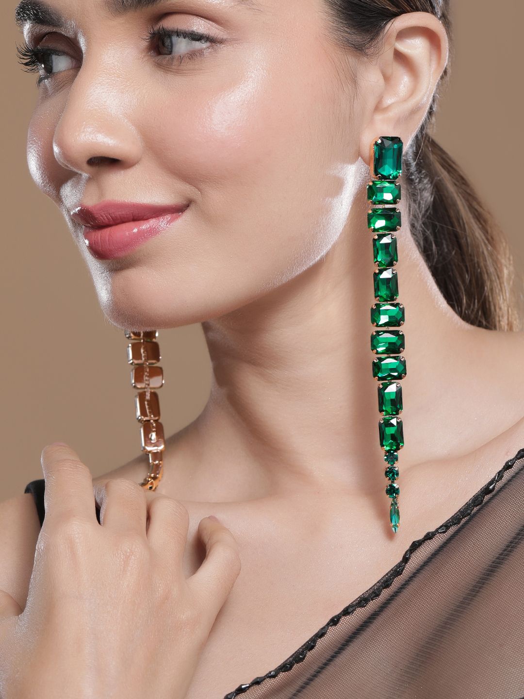 

Rubans 18KT Gold Plated Emerald Studded Glamorous Shoulder Duster Drop Earrings