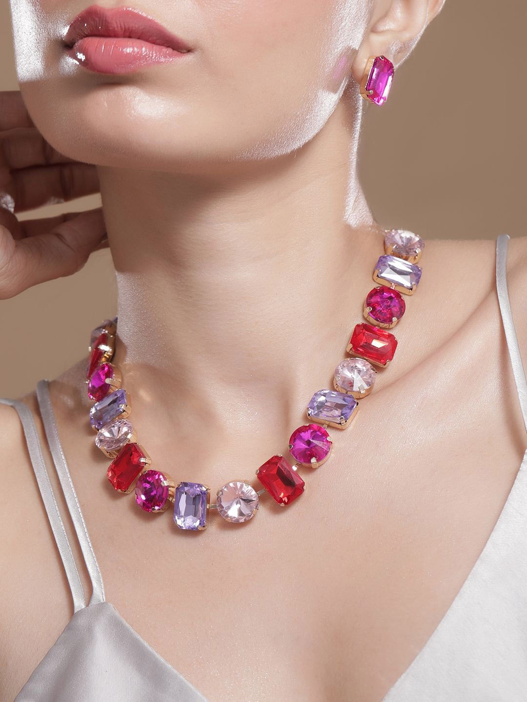 

Rubans 18 K Gold Plated Multicolor Crystal Ad Studded Statement Necklace Set