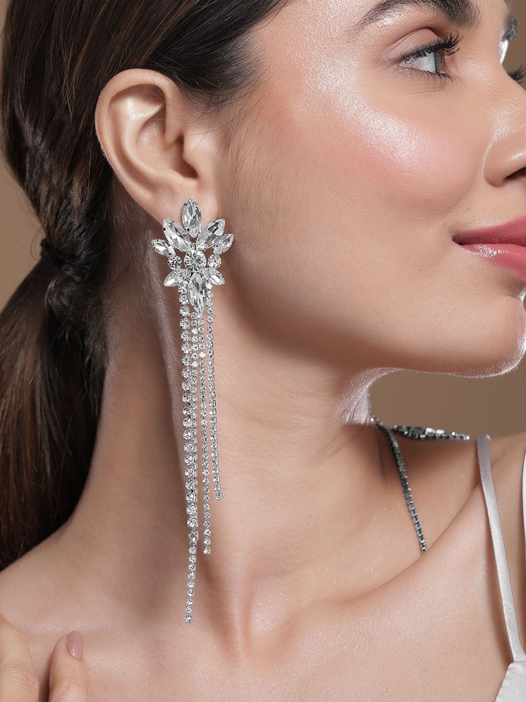 

Rubans Rhodium Plated Crystal AD & Zirconia Studded MultiLayer Shoulder Drop Earrings, Silver