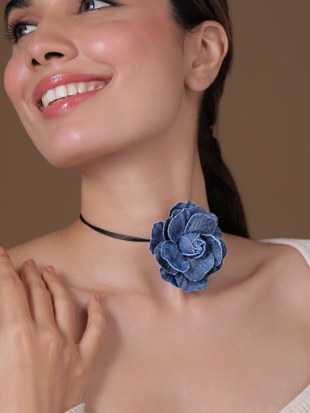 

Rubans Stylish Denim Blue Flower Statement Choker Necklace