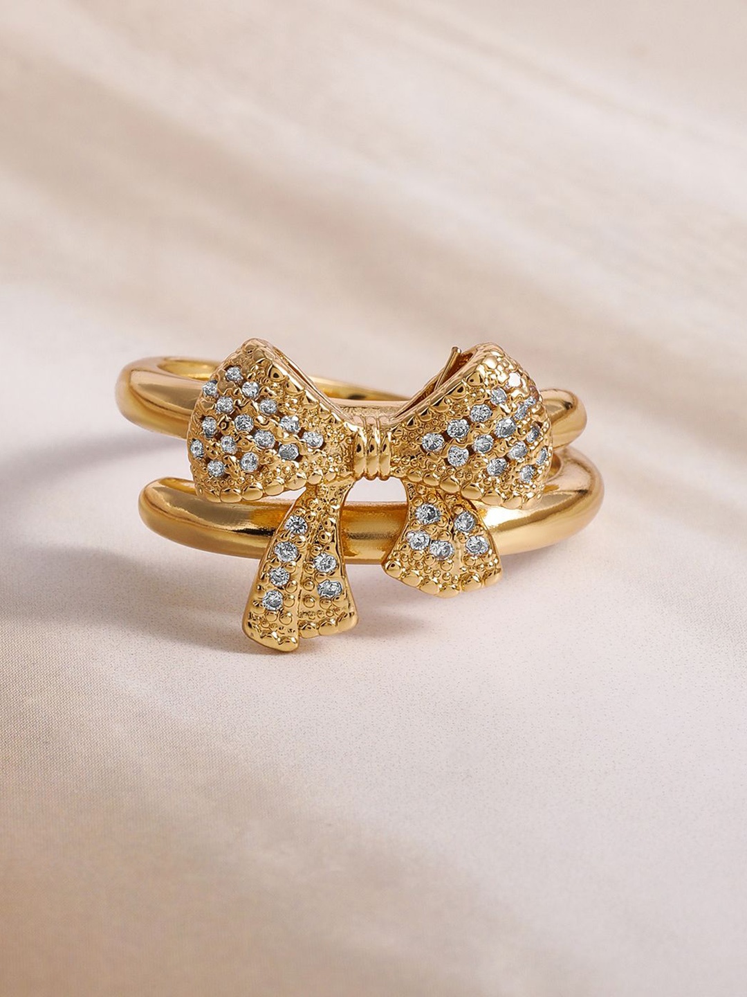 

Rubans 18KT Gold Plated Cubic Zirconia Studded Bow Charm Adjustable Finger Ring
