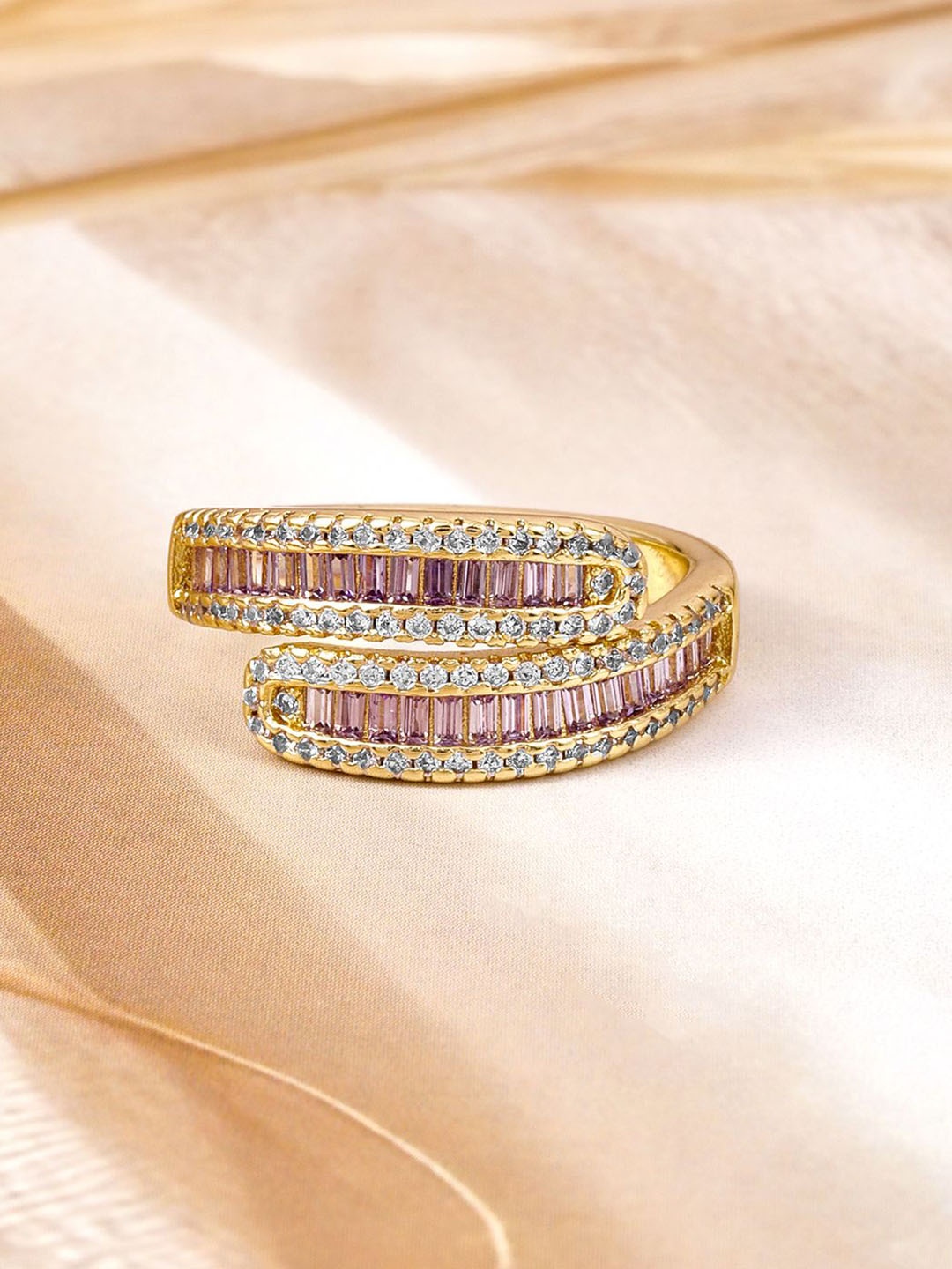 

Rubans 18K Gold Plated Crystal Pink & Cubic Zicronia Studded Adjustable Finger Ring