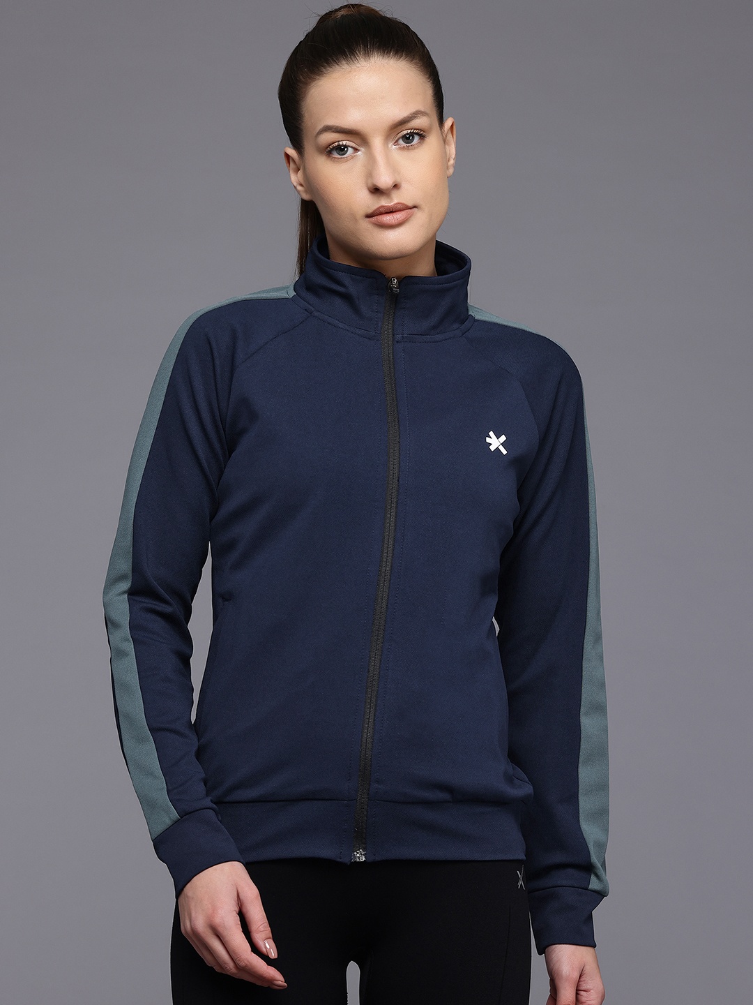 

HRX by Hrithik Roshan Brand Logo Detail Colourblocked Rapid Dry Training Sporty Jacket, Navy blue