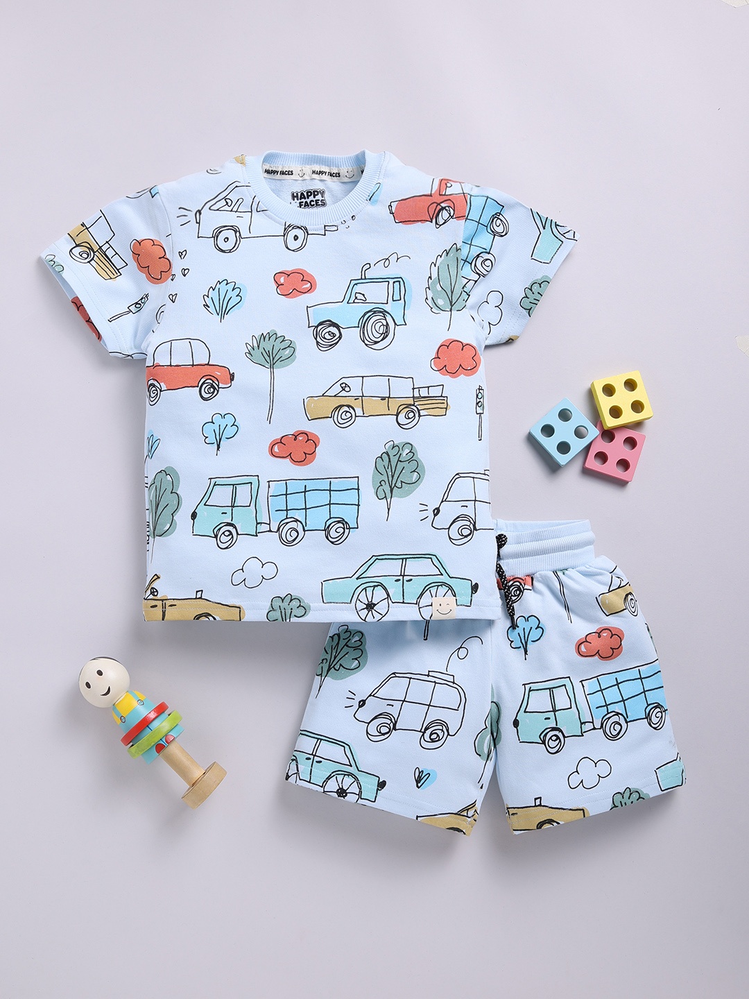 

Happy Faces Boys Pure Cotton Printed T-shirt with Shorts, Blue