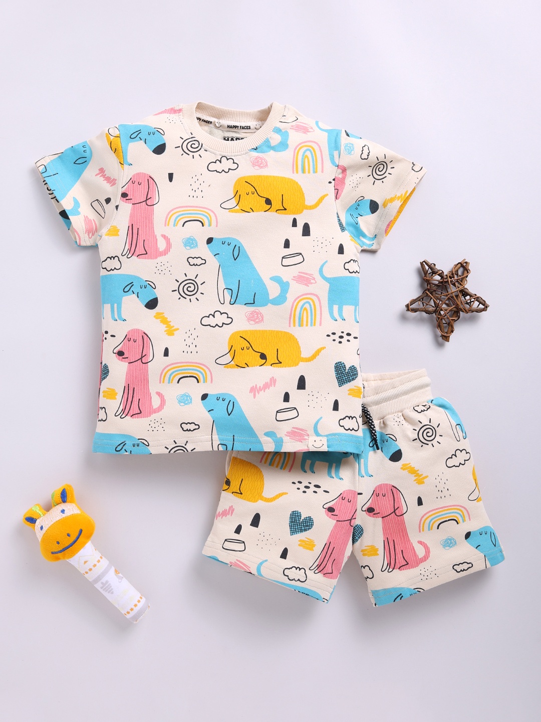 

Happy Faces Boys Pure Cotton Printed T-shirt with Shorts, Pink