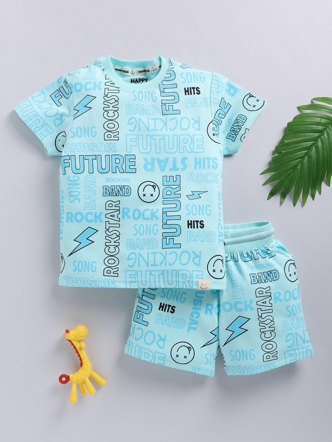 

Happy Faces Boys Pure Cotton Typography Printed T-shirt with Shorts, Blue