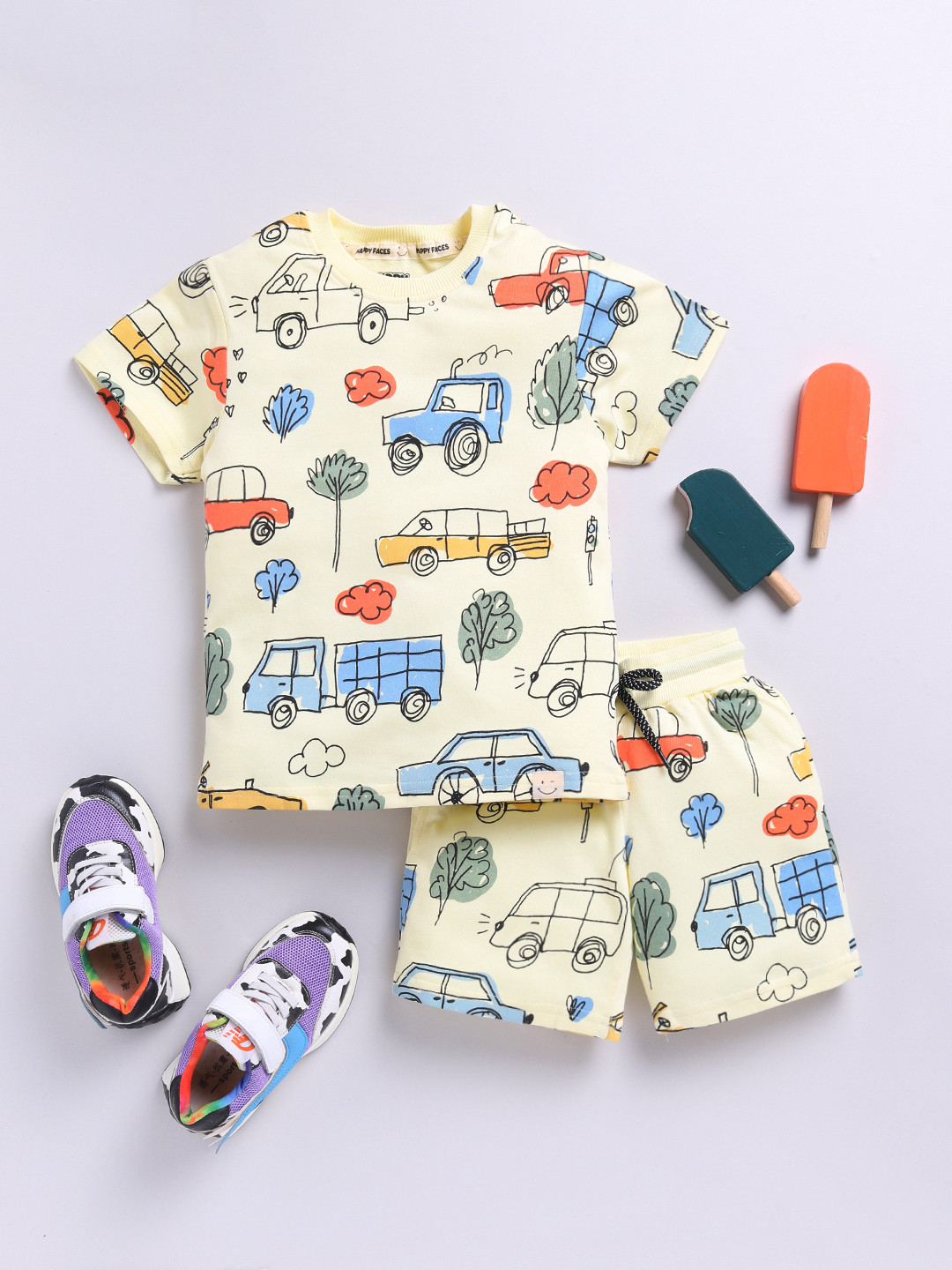 

Happy Faces Boys Pure Cotton Printed T-shirt with Shorts, Yellow