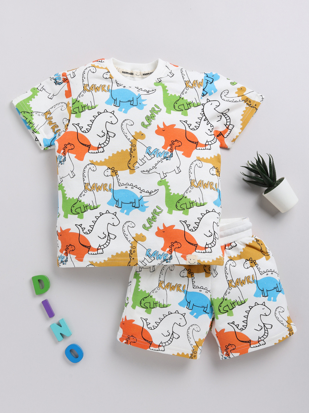 

Happy Faces Boys Pure Cotton Printed T-shirt with Shorts, Off white