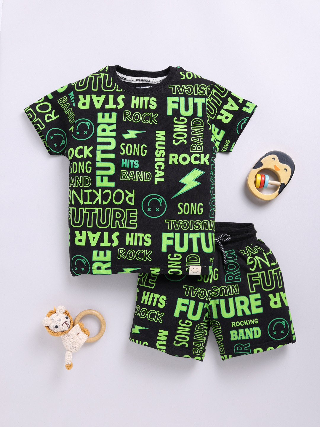

Happy Faces Boys Pure Cotton Typography Printed T-shirt with Shorts, Black