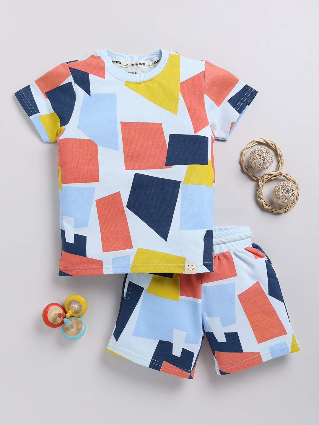 

Happy Faces Boys Pure Cotton Abstract Print T-shirt with Shorts, Blue