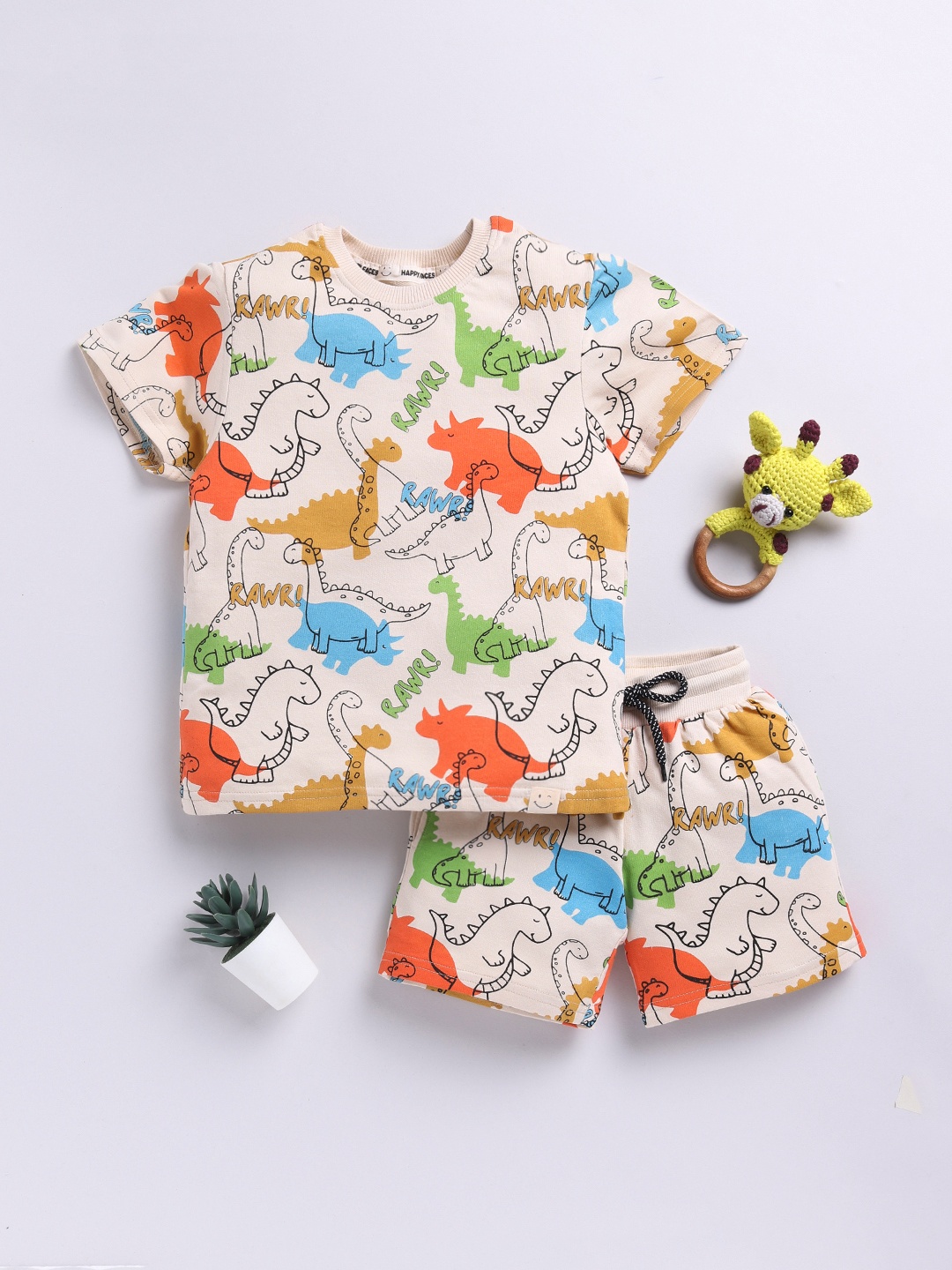 

Happy Faces Boys Pure Cotton Printed T-shirt with Shorts, Beige