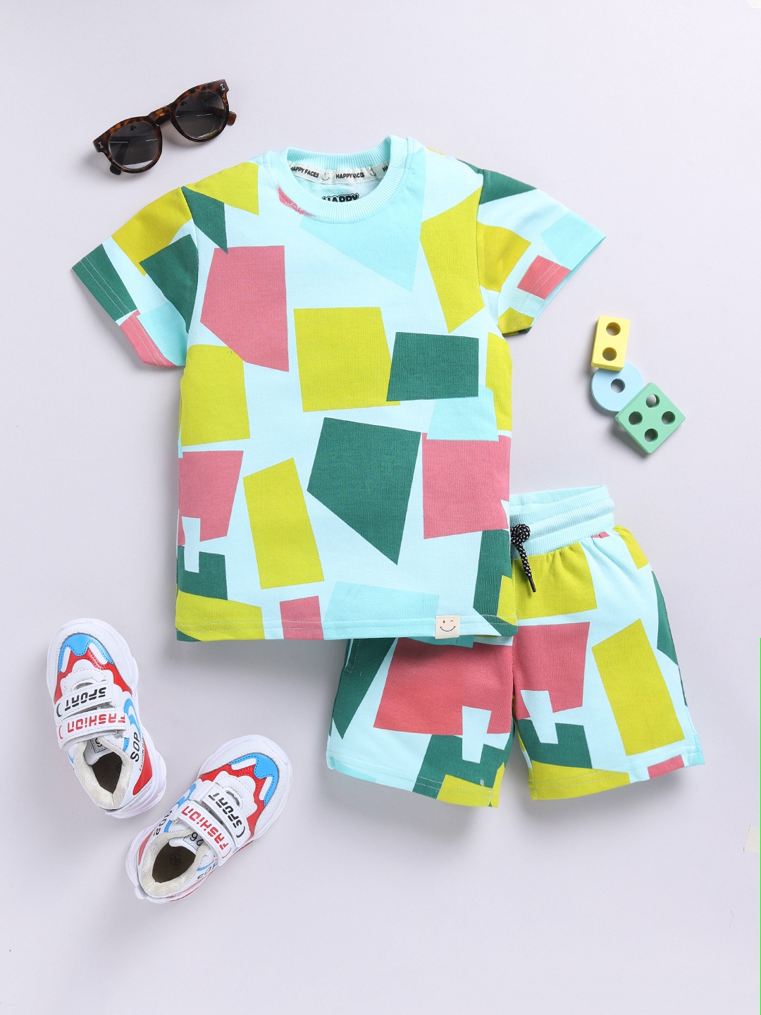 

Happy Faces Boys Pure Cotton Abstract Print T-shirt with Shorts, Blue