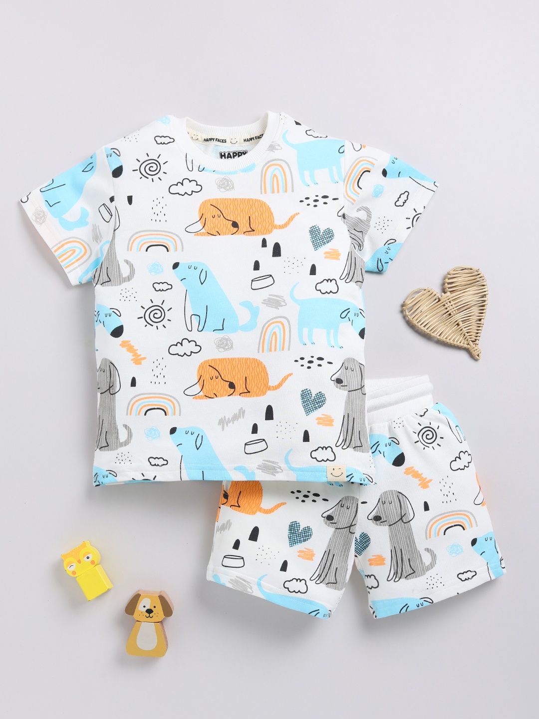 

Happy Faces Boys Pure Cotton Printed T-shirt with Shorts, Off white