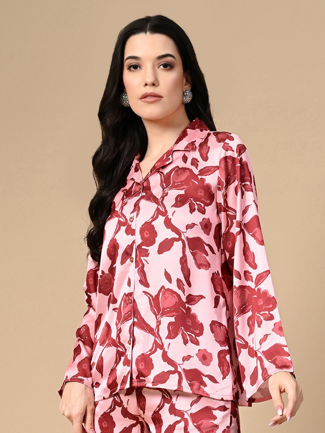 

PANDORNA Velvet Rose Floral Printed Shirt With Trouser, Red