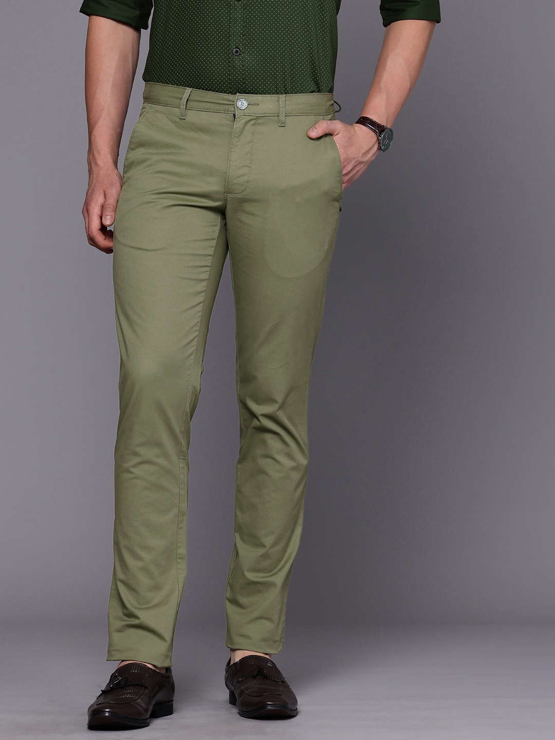 

Louis Philippe Sport Men Comfort Slim Fit Low-Rise Chinos Trousers, Olive