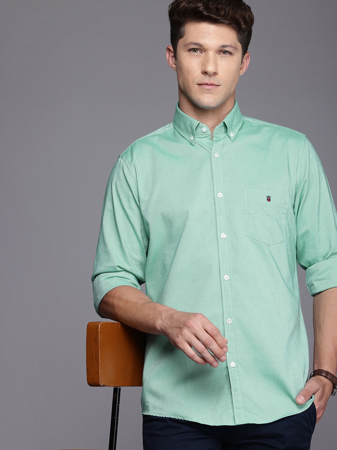 

Louis Philippe Sport Slim Fit Button-Down Collar Pure Cotton Casual Shirt, Green