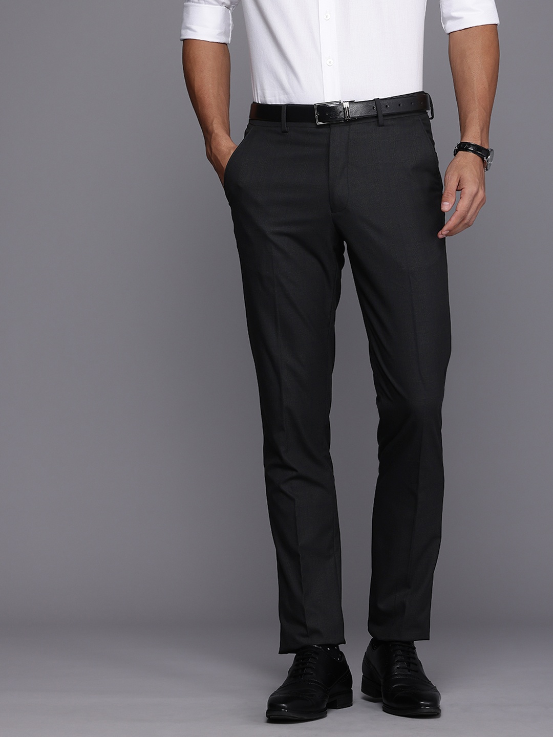 

Louis Philippe Men Super Slim Fit Low-Rise Trousers, Charcoal