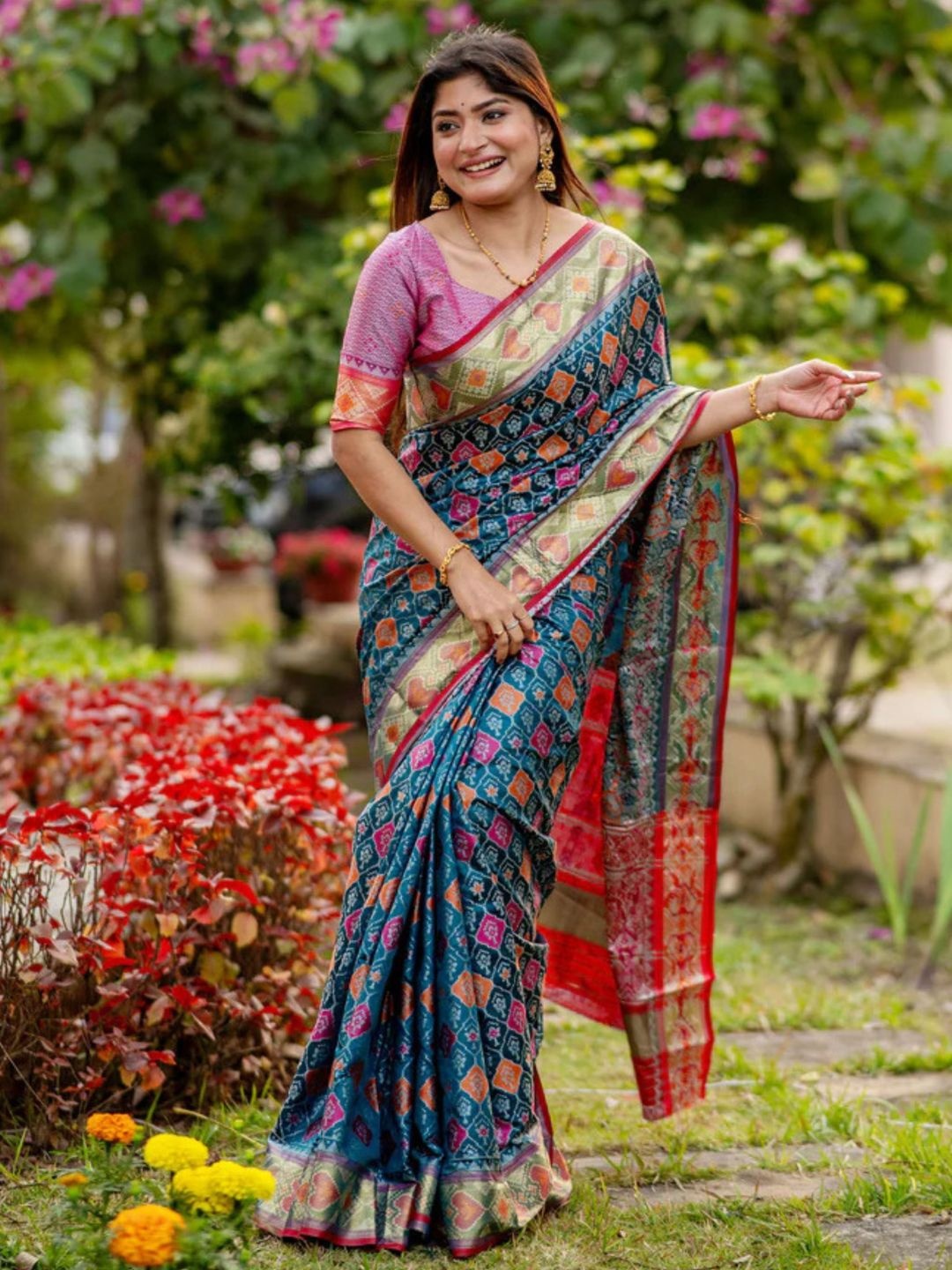 

KALINI Ethnic Motifs Zari Patola Saree, Teal